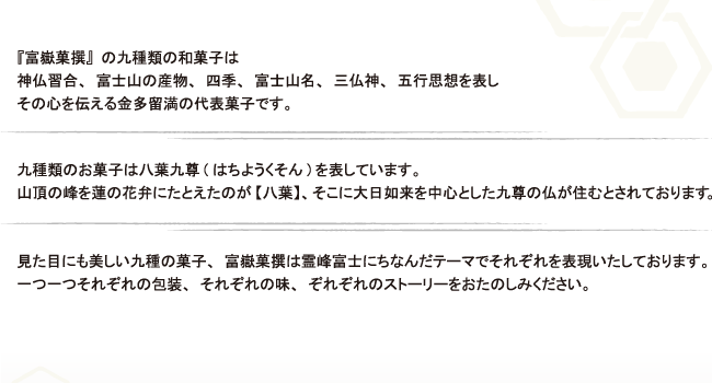 富嶽菓撰は、神仏習合、富士山の産物、四季、富士山名、三仏神、五行思想、八葉九尊を表し、その心を伝える金多留満の代表菓子です。